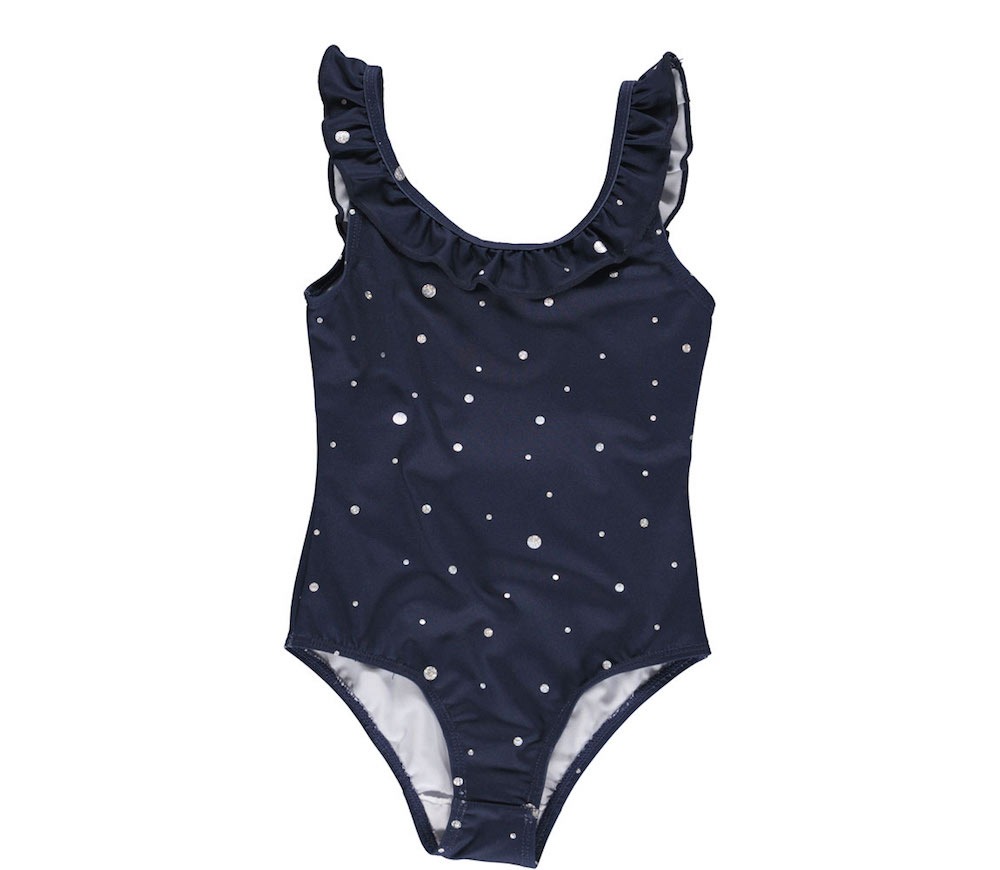 Voorganger Oriëntatiepunt Kalksteen MarMar Swallis swimwear beachwear zwemkleding badpak zwempak donkerblauw  zilveren stippen Iridescent Dots - Minipop