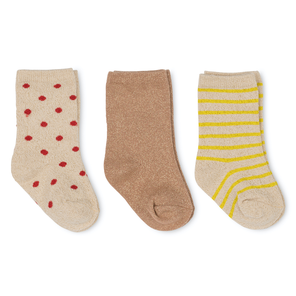 Versterker verkiezing Sortie Konges Slojd / Konges Sløjd 3-pack lurex socks blazing/macaroon/red dot 3  pak sokken met glitter rode stippen/roze-bruin/geel-gestreept - Minipop