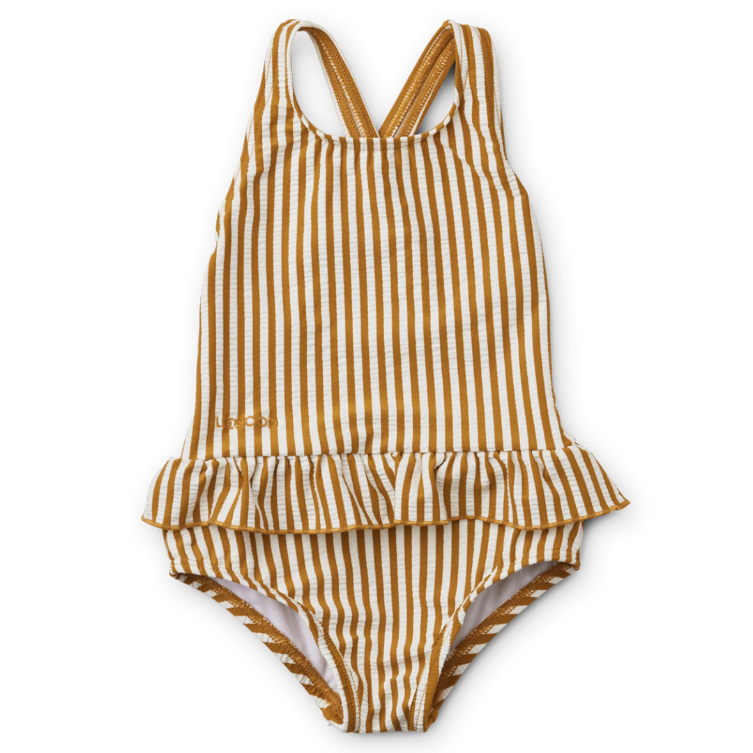 Liewood swimsuit seersucker golden caramel white stripes badpak zwempak bruin-wit gestreept - Minipop