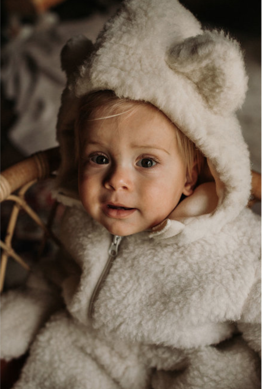 Zonsverduistering Empirisch zonlicht Alwero overall babybears huispak baby naturel babypak sneeuwpak teddy met  oortjes wit/creme wol - Minipop
